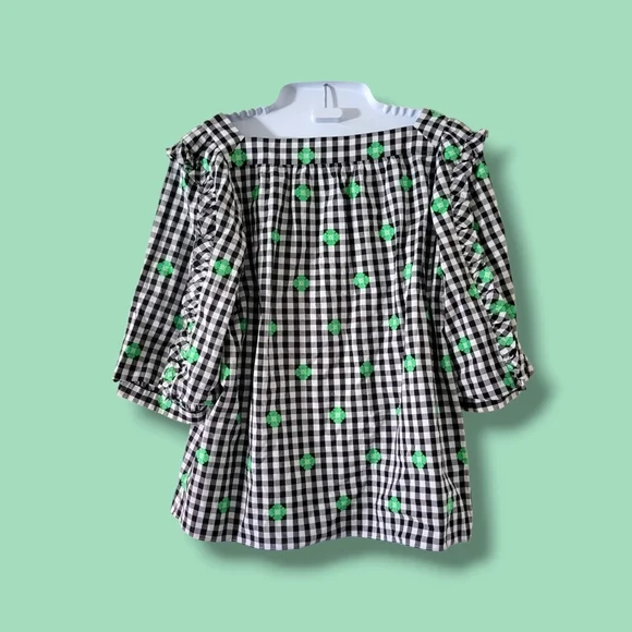 Kate Spade | NWOT Black/White Gingham Green Floral Embroidered Top - Picture 2 of 11